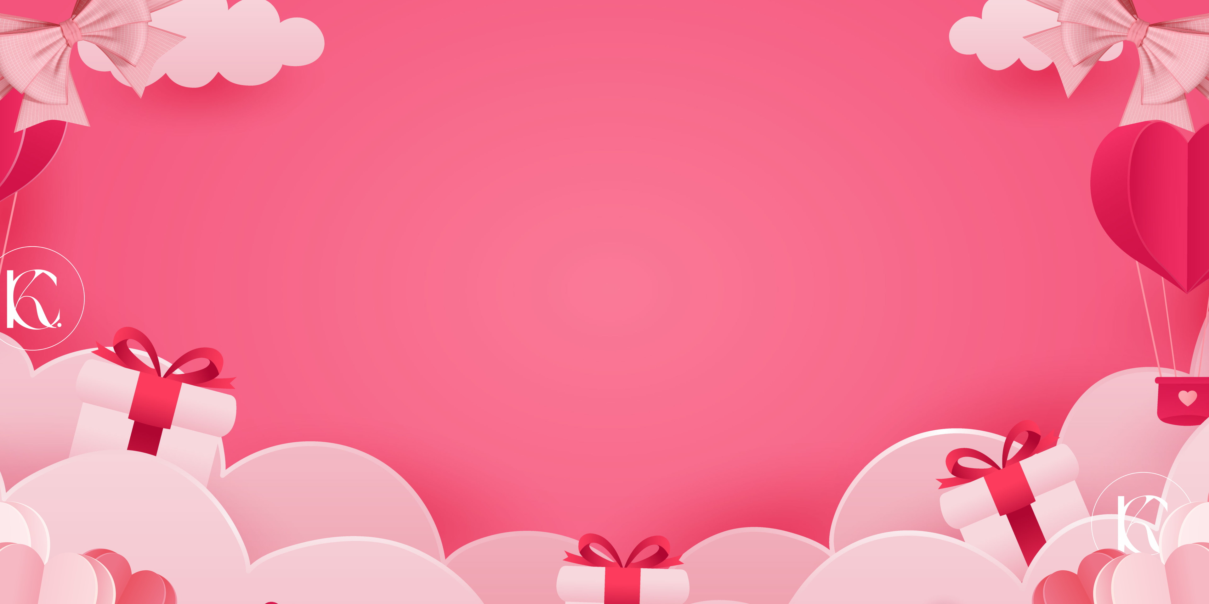 Decorative border with balloons, gift boxes, and ribbons on a pink background