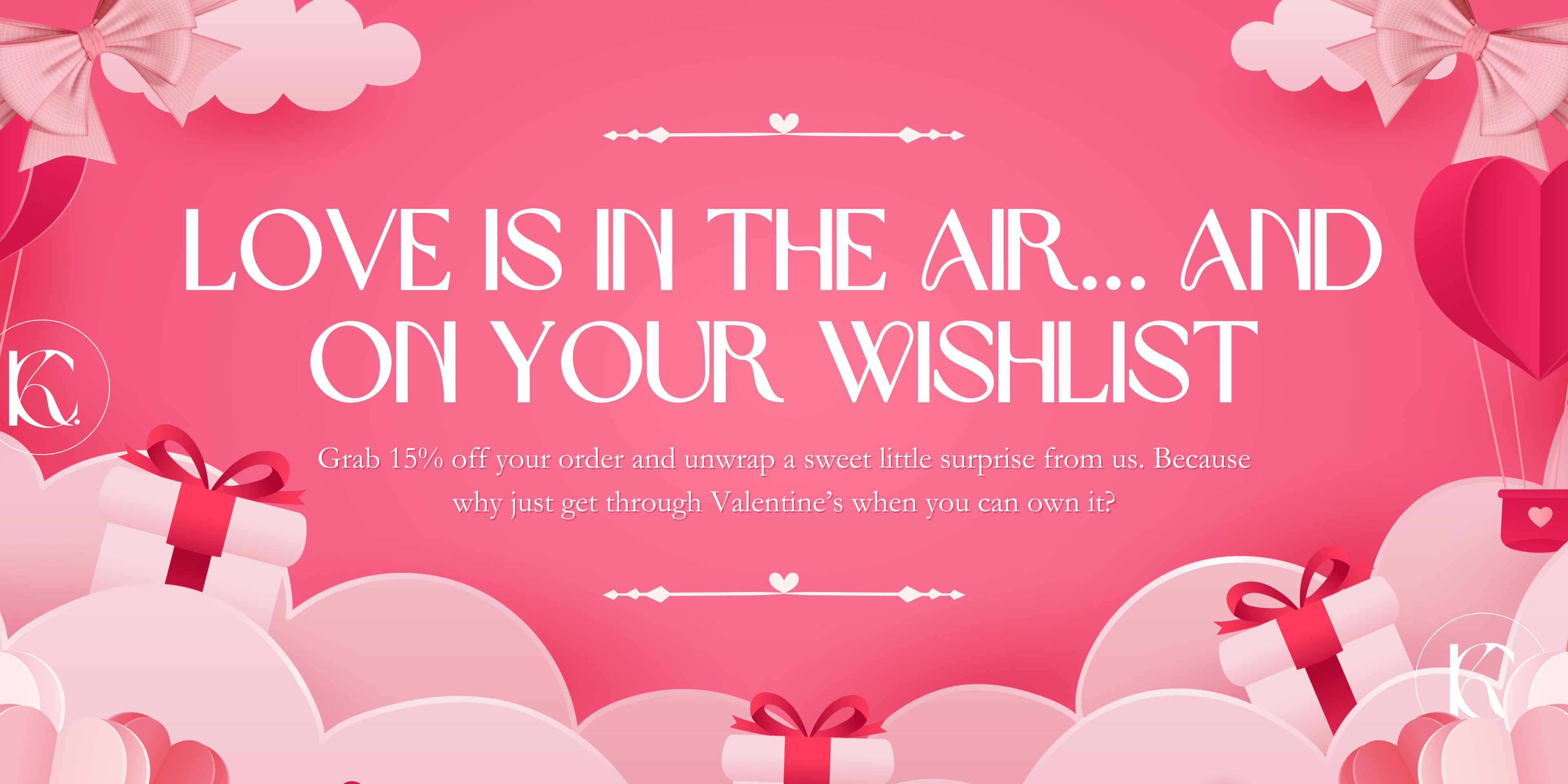 Promotional banner with Valentine's Day theme, balloons, and gift boxes on a pink background.