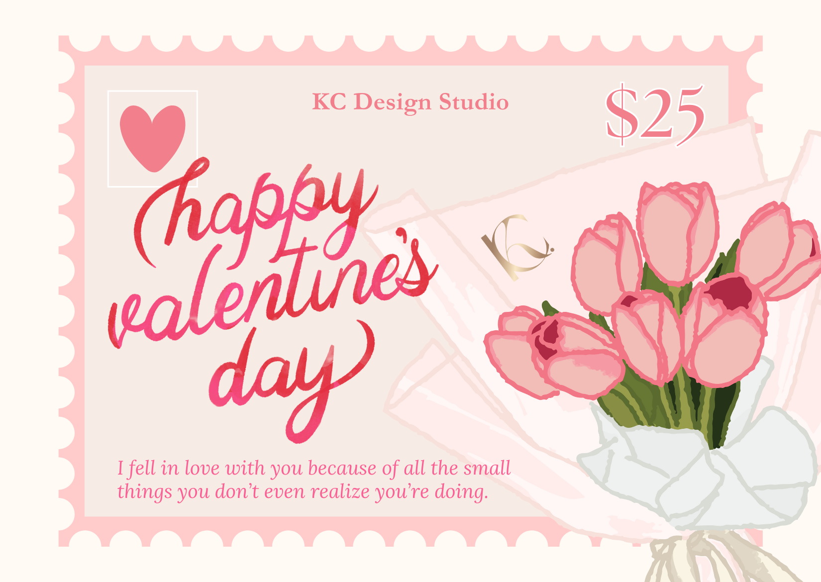 Soft pink Valentine’s Day gift card with a $25 value, inspired by a post card, with a bouquet of roses design and heart-warming message. 