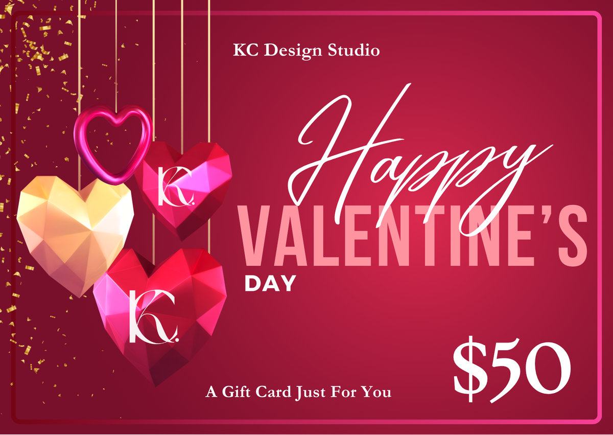 Red background Valentine’s Day gift card with glossy diamond hearts and gold confetti, $50 value.