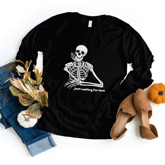 Black Waiting For Love Sweatshirt featuring a skeleton design, perfect for Halloween festivities.