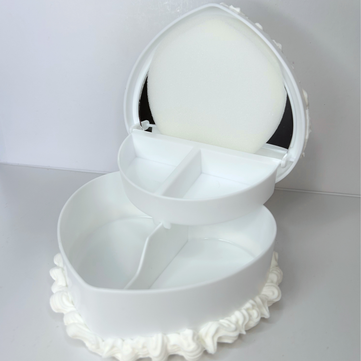 Open front view of the White Cherry Heart Cake Vintage Jewelry Box, revealing the spacious interior for storing jewelry, with sweet vanilla cake-inspired colors.