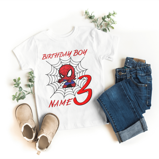 Customizable Spiderman shirt for toddlers with name and number, white color, comfortable fit, and Airlume cotton material.