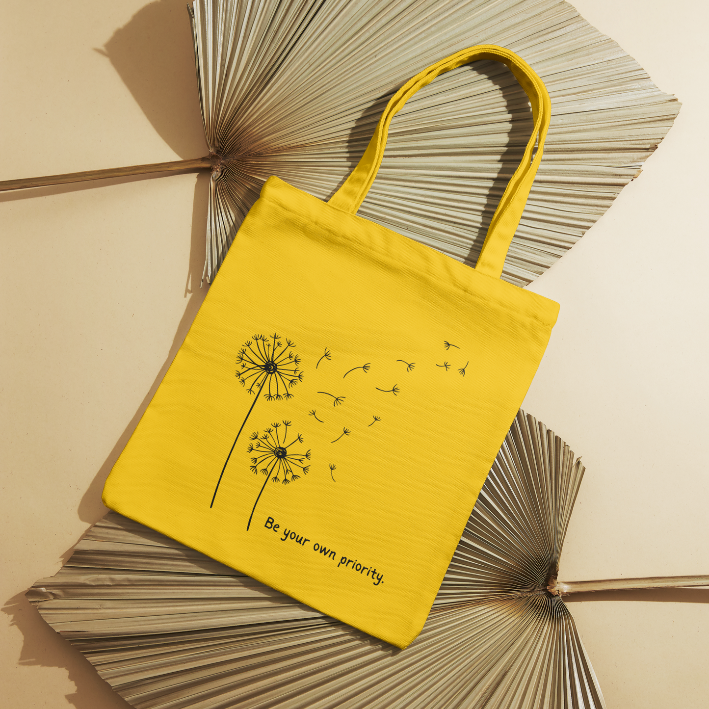 Yellow Priority Canvas Tote Bag with a beautiful flower design, made from heavy-duty 12oz canvas for school, shopping, and more.