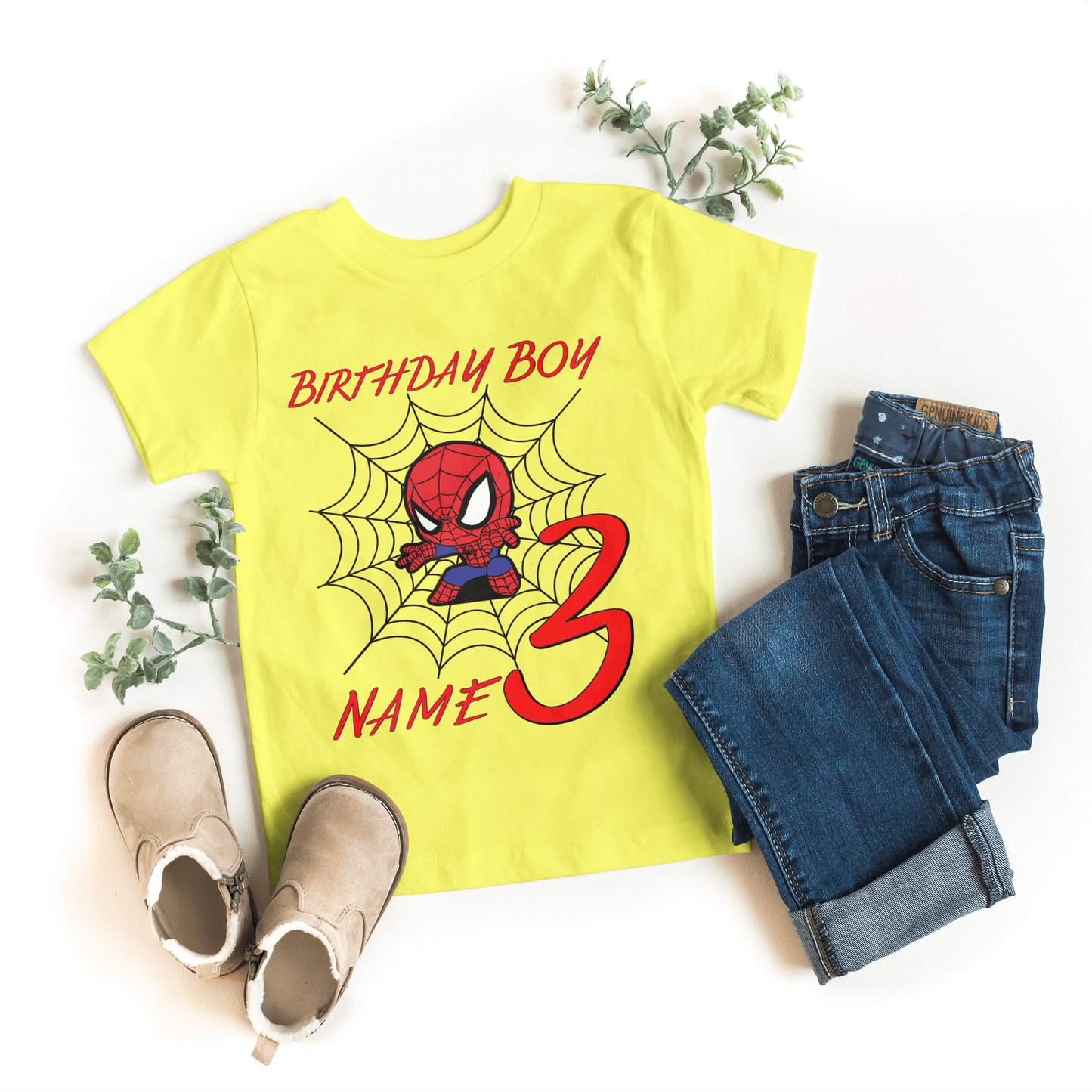 Customizable Spiderman shirt for toddlers with name and number, yellow color, comfortable fit, and Airlume cotton material.